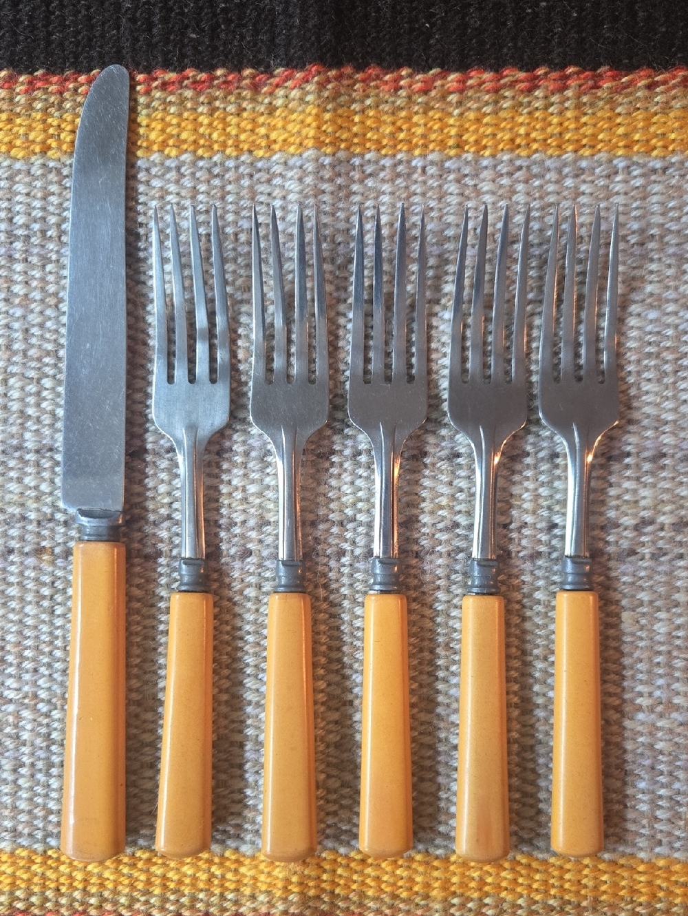 Vintage Bakelite Handle Stainless Steel Flatware Set - 1 Knife + 5 Forks